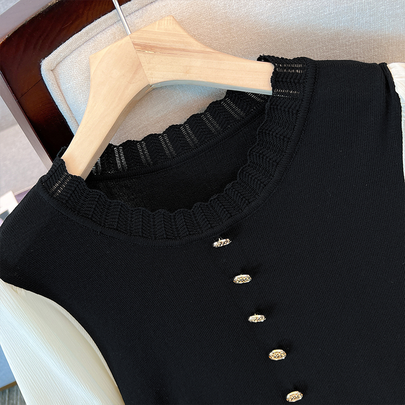 Wooden Ear Collar Spliced Knitted Short Sleeve Dress