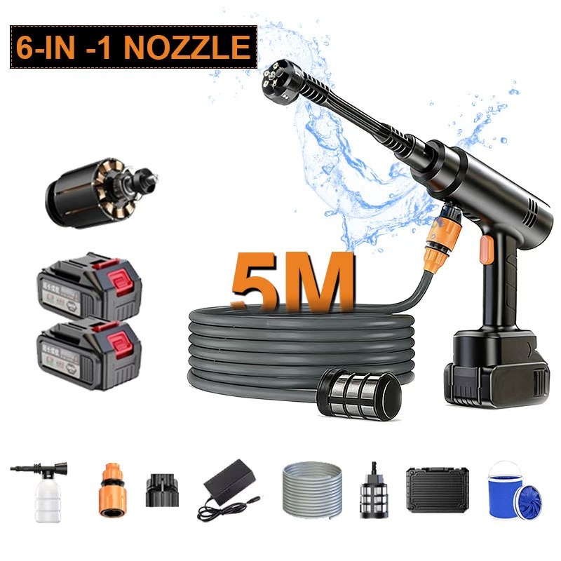 Portable 6-in-1 Cordless Car Washer With 2 Battery & Folding Bucket For Car Floor Garden Cleaning