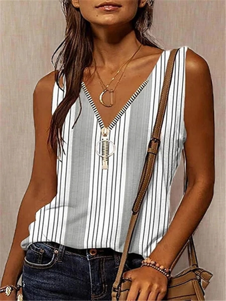 Women's V-Neck Low Cut Color Contrast Loose Sleeveless T-Shirt Tank Top