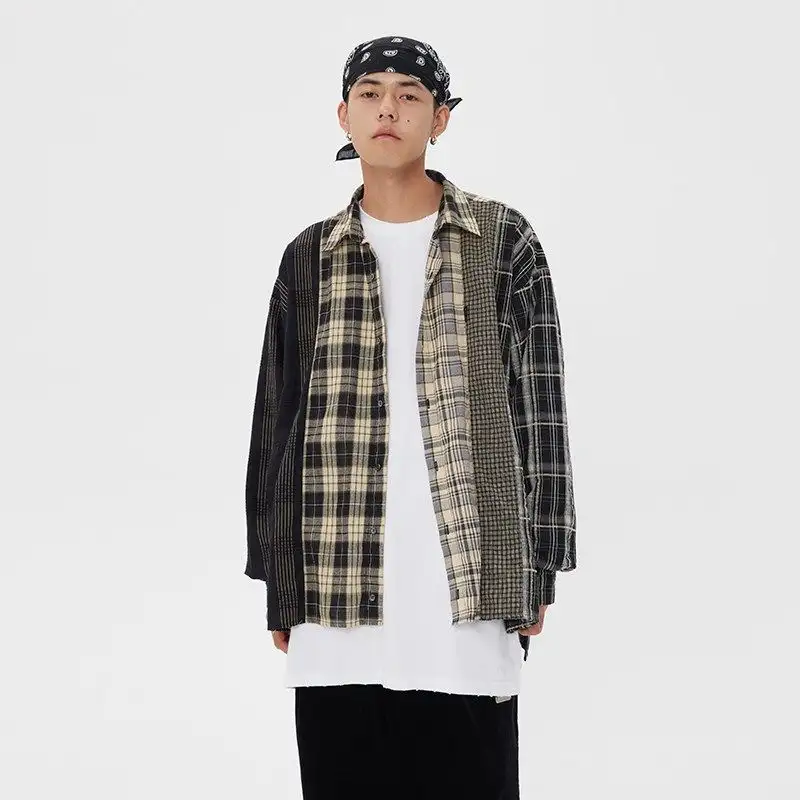 American Retro Stitching Plaid Casual Shirt For Men