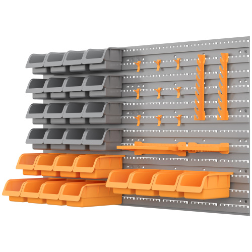 DURHAND 44 Piece Wall Mounted Pegboard Tool Organizer Rack Kit With Various Sized Storage Bins, Pegboard, & Hooks, Orange