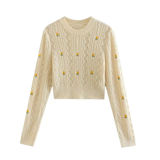Embroidered Small Flower Round Neck Long Sleeve Fashion Red - Shop at LoveMi