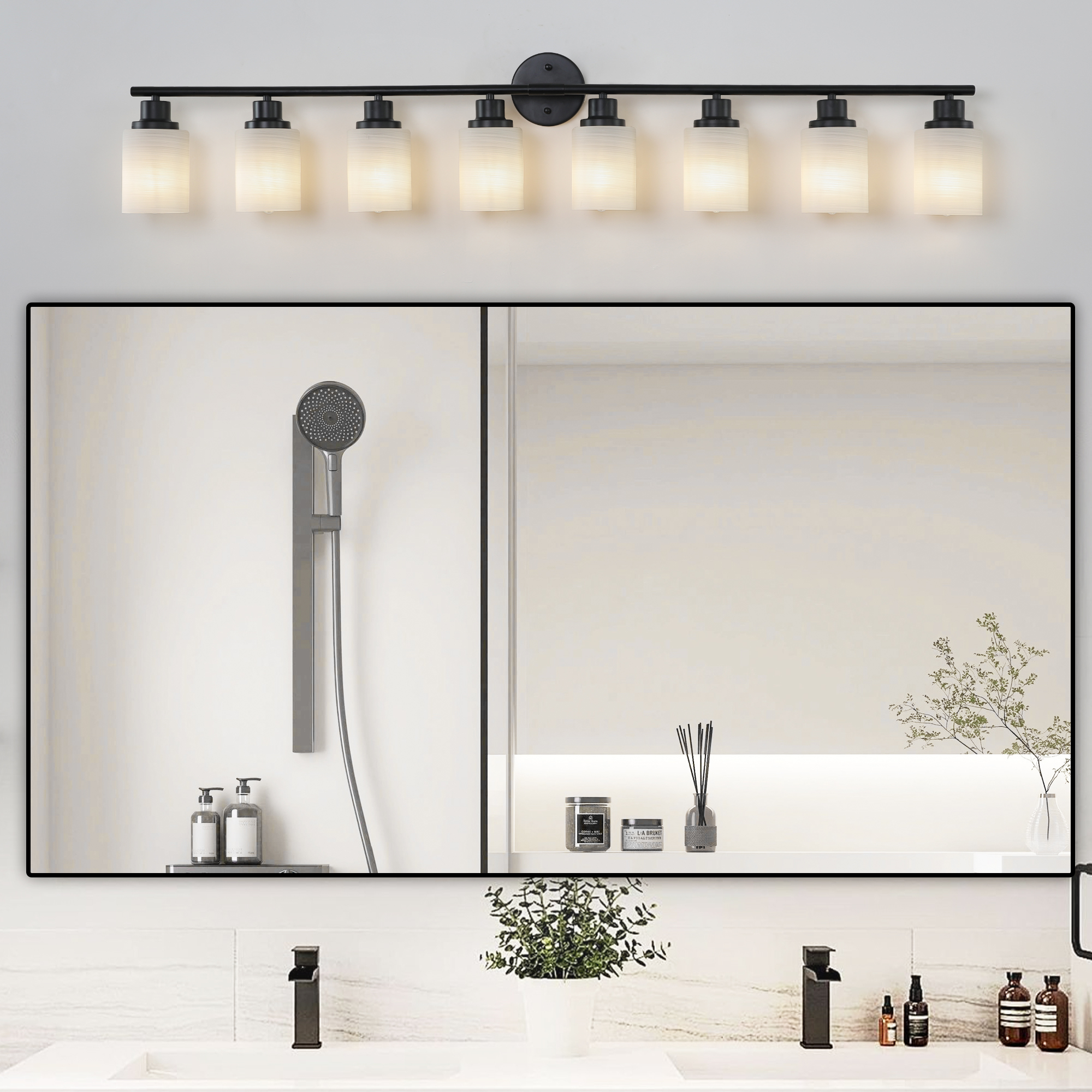 52  Modern 8-Light Vanity Bathroom Mirror Light, Frosted White Glass With Black Iron Frame, Contemporary Wall Sconce For Bedroom, Bathroom, And Dressing Room  Bulb Not Included