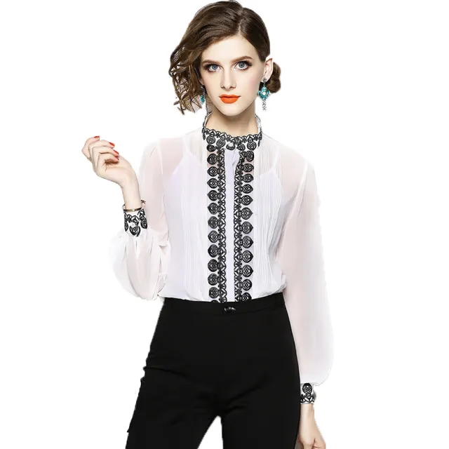 Slim Fit And Slim Heavy Embroidery Blouse With Suspenders White - Shop at LoveMi