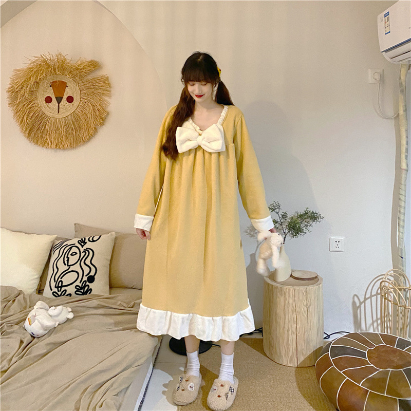 Title 6, Winter Cute Plush Bow One-piece Long Pajamas