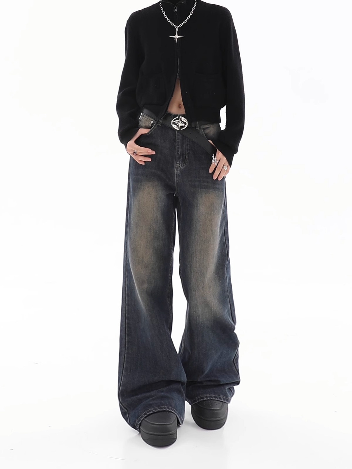 Title 7, Damen Loose Hänge Jeans Vintage Destroyed Strai...