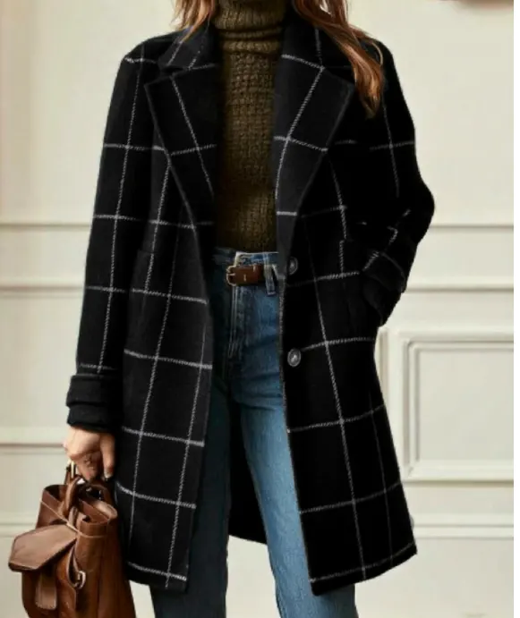 Plaid Medium Length Woolen Coat