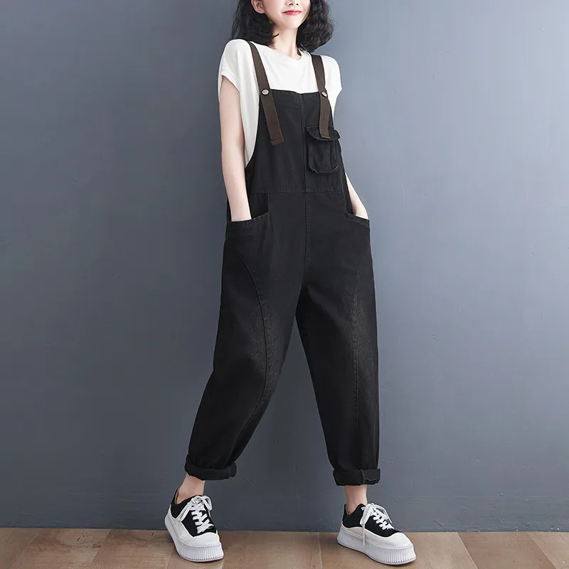New Style Denim Overalls Women's Casual Loose Retro Suspenders - Black