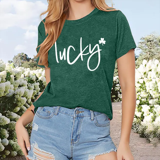 Women's 'LUCKY' Letter Print T Shirt Casual Crew Neck Short Sleeve Tee, Soft Summer Top Green - Shop at LoveMi