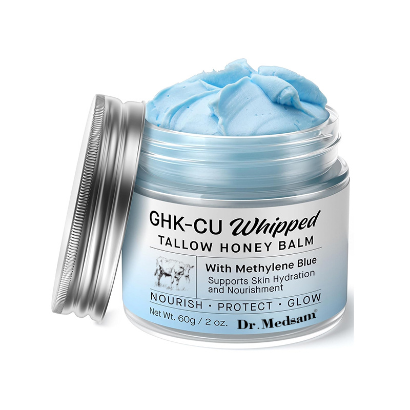 GHK-Cu Copper Peptide Whipped Grass Fed Tallow Honey Balm, Methylene Blue Infused Anti Aging Hydrating Repair Facial Cream, Natural Grass-Fed Beef Tallow Face Moisturizer For Dry Skin