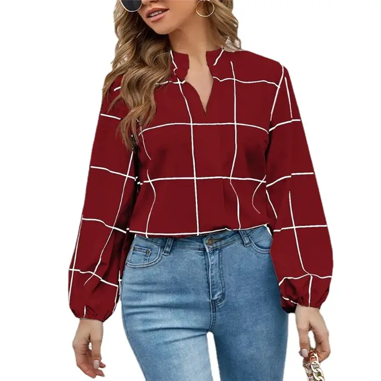 Shirt Stand Collar Long Sleeve Plaid Print Women's
