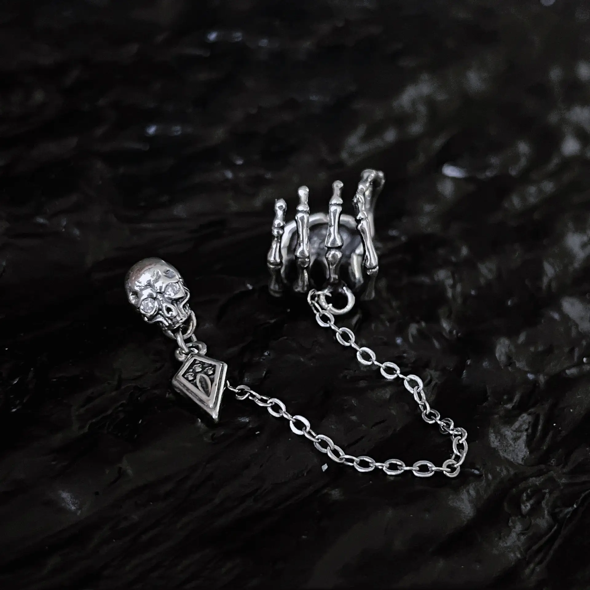 Single Silver Ghost Hand Skull Stud Earrings