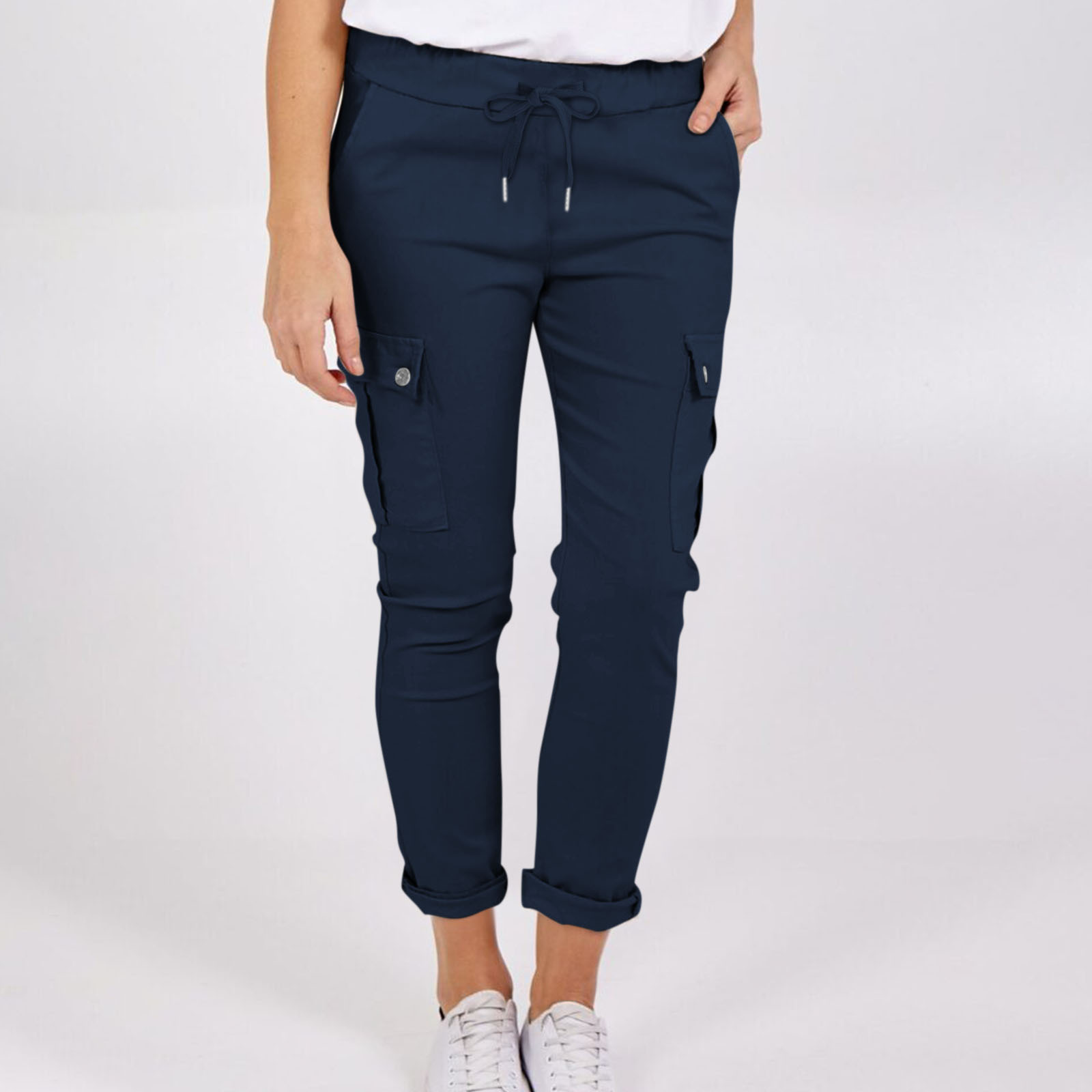 Casual Cargo Pants With Pockets Solid Color Drawstring Waist Pencil Trousers For Women Navy - Shop at LoveMi