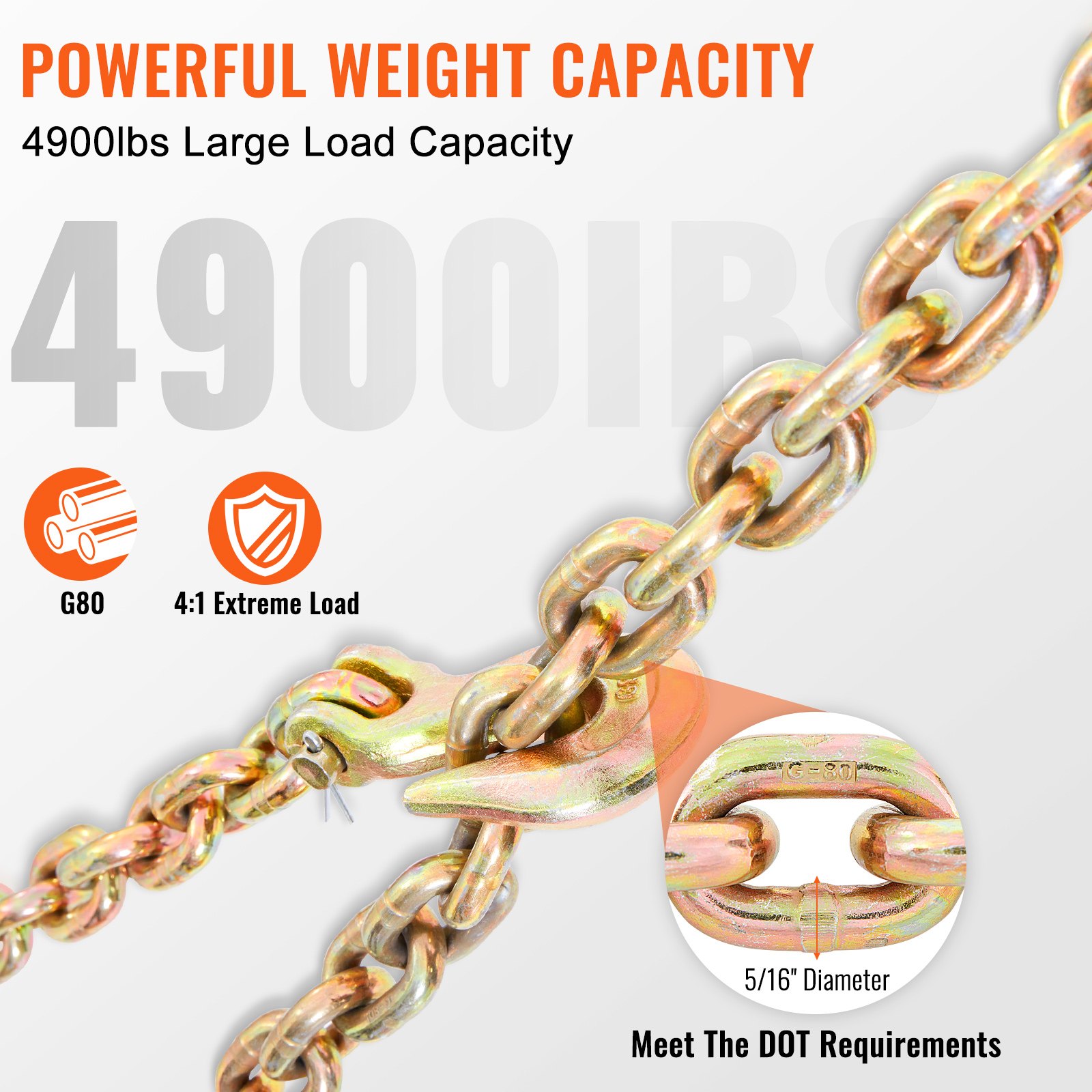 VEVOR Transport Binder Chain, 4900lbs Working Load Limit, G80 Tow Chain Tie Down With Grab Hooks, DOT… image 5