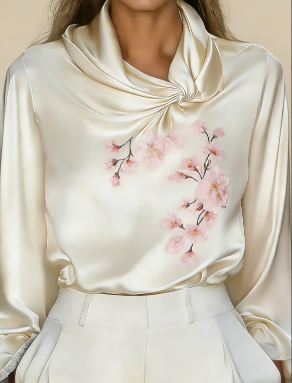 Women's French-style Elegant Satin Printed Turtleneck Long-sleeved Loose-fitting Shirt