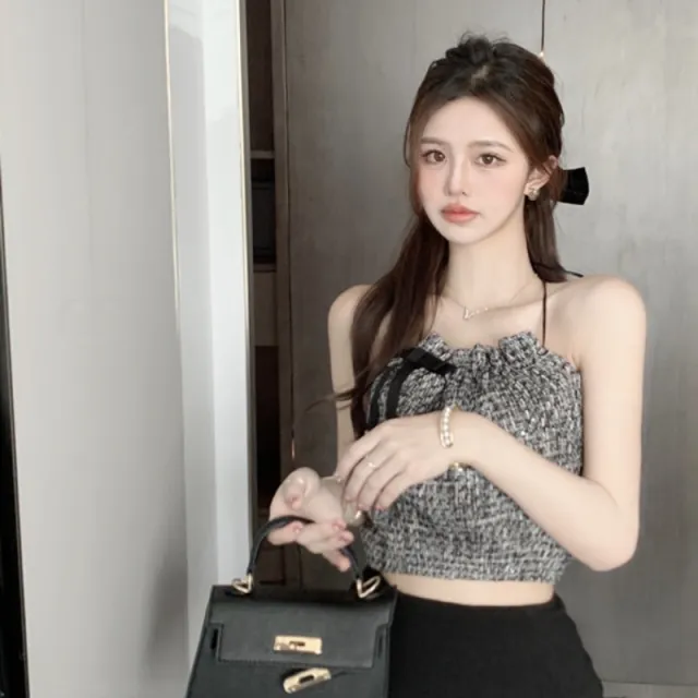 Sleeveless Slim Fit Summer Plaid Halter Bow Sling Black - Shop at LoveMi