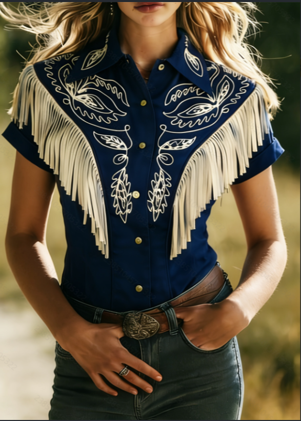 Embroidered Shadow Fringe Western Style Short Sleeved Shirt