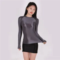 Fashion Bright Shiny Tights Slim T-shirt Sexy Transparent - Grey - View 1