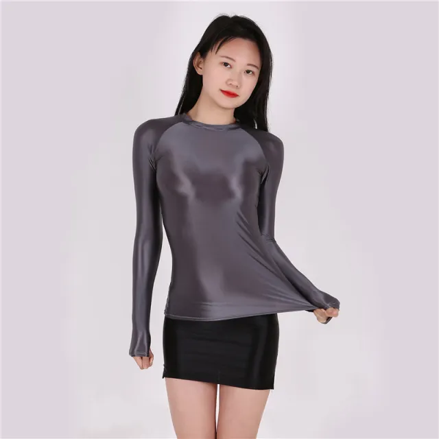 Fashion Bright Shiny Tights Slim T shirt Sexy Transparent Grey - Shop at LoveMi
