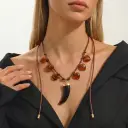 Boho Leather Cord Necklace For Women Vintage Resin Wolf Tooth Pendant Choker Amber Heart Beads Charm Necklace Long Layering Tribal Bohemian Statement Jewelry view 1
