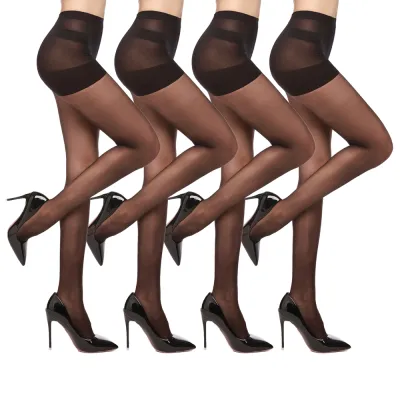 4 Pairs Women's Sheer Tights 20 Denier Control Top Pantyhose With Reinforced Toes