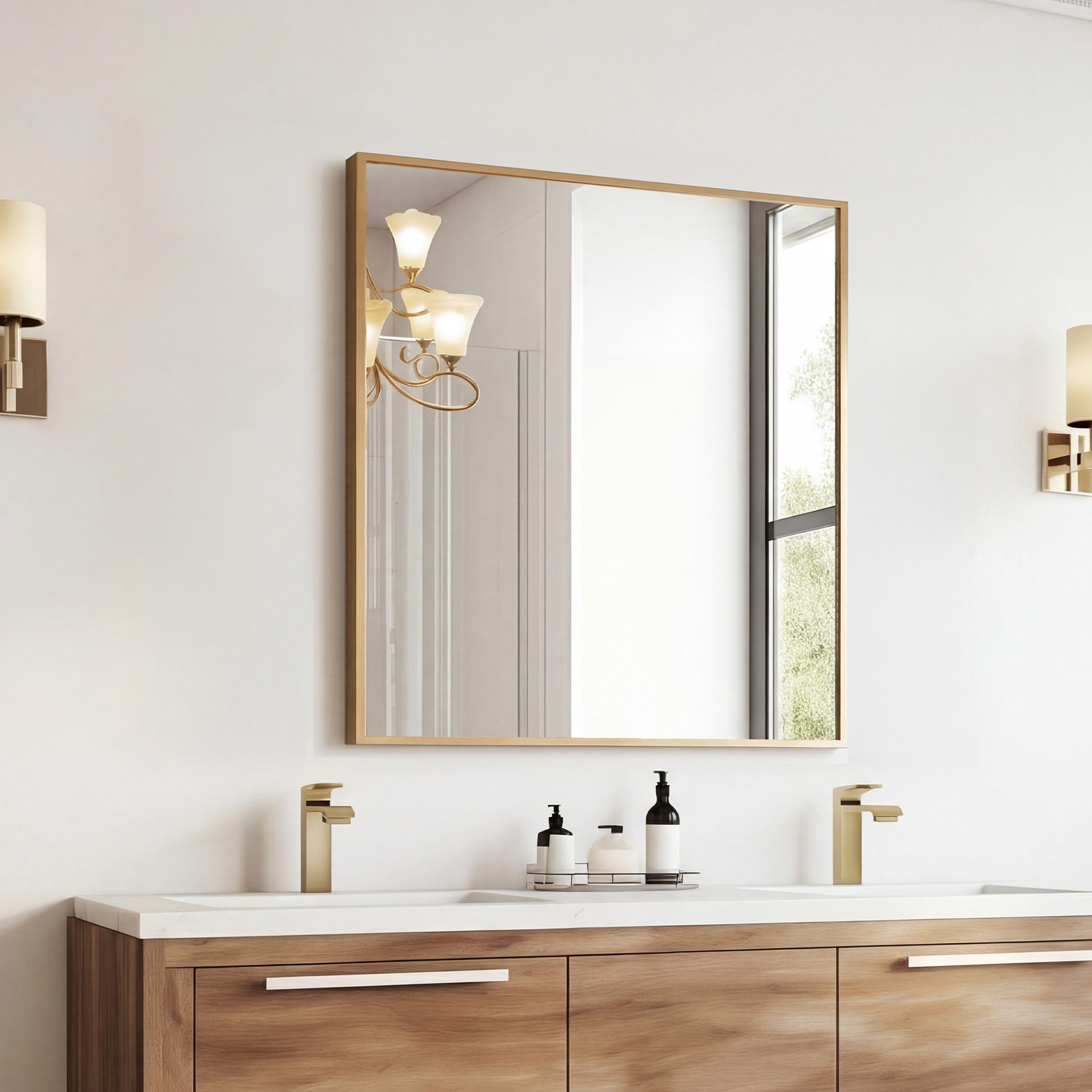 Above The Countertop, There Is A Rectangular Wall-mounted Bathroom Mirror With A Metal Frame And Made Of Tempered Glass. image 2