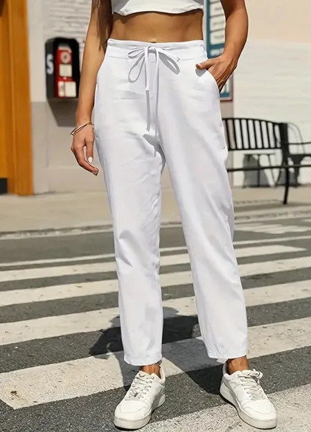 Linen Pants Summer Casual High waisted Drawstring Beach Pants White - Shop at LoveMi