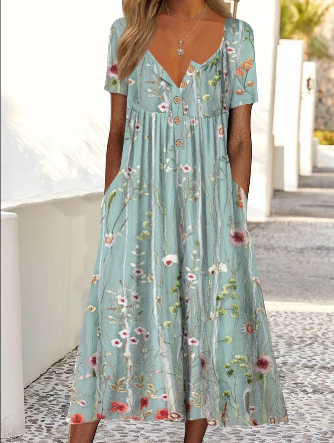 Printed Short Sleeve A Line Dress