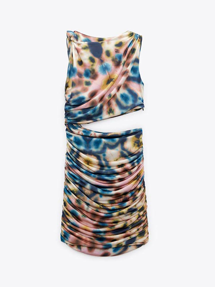 Printed Pleated Hollowed Out Dress