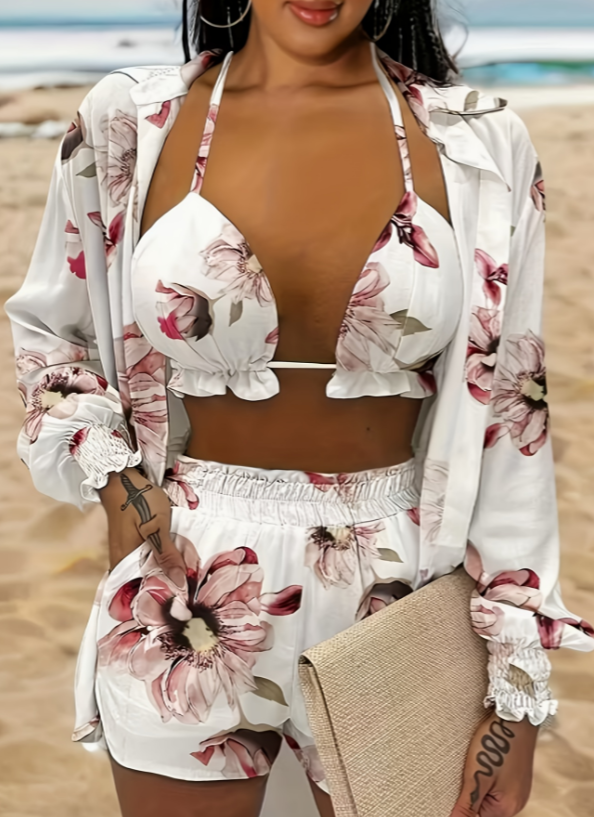 Women's Tropical Retro Floral Print Three-Piece Set