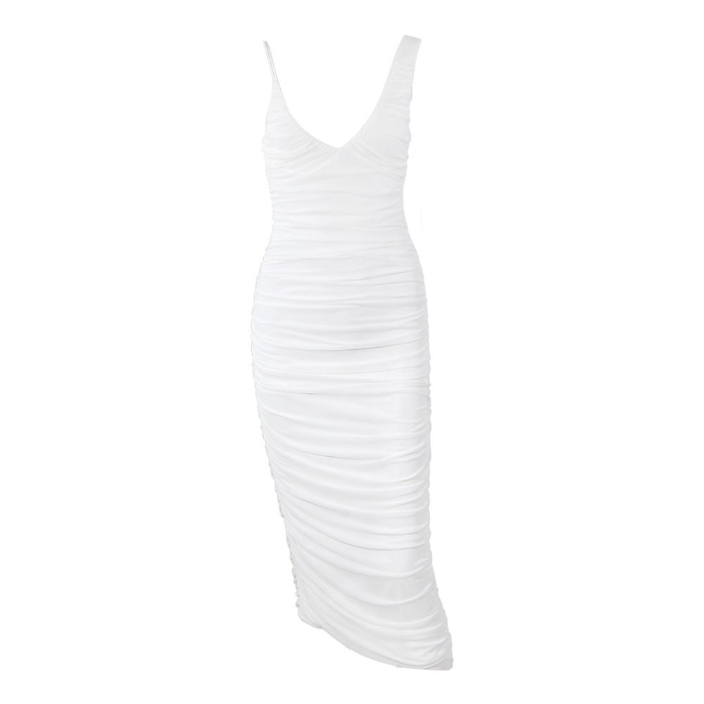 White Mesh Slim Irregular Long Skirt OL Pleated Sleeveless Sexy Dress Women