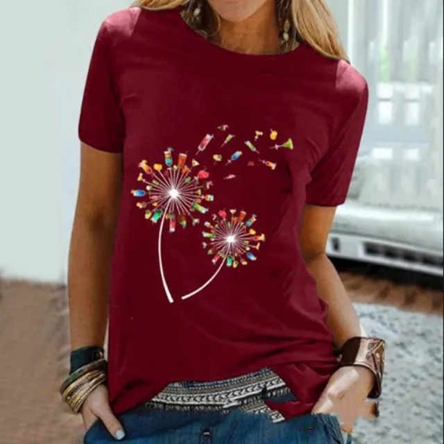 New Women's Red Wine Glass Dandelion Print Round Neck Short Sleeve T Shirt Red - Shop at LoveMi