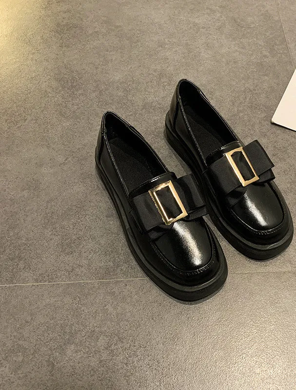 Metal Square Buckle Loafers Women's Platform One step Single Shoes British Style Small Leather Shoes Black - Shop at LoveMi