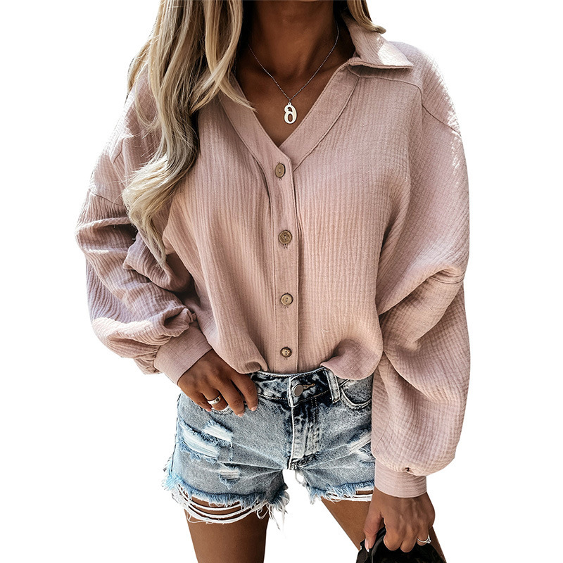 Women's V-neck Single-breasted Lantern Sleeve Solid Color Shirt