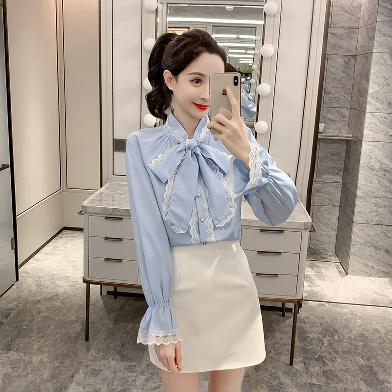 Spring Fashion Lace Stitched Bow  Loose Long Sleeve Foreign Style Shirt