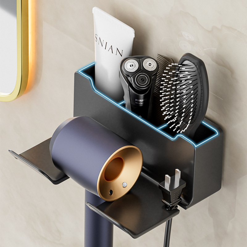 Hair Dryer Rack, Multi-functional Wall-mounted Hair Dryer For Bathroom Without Drilling 4