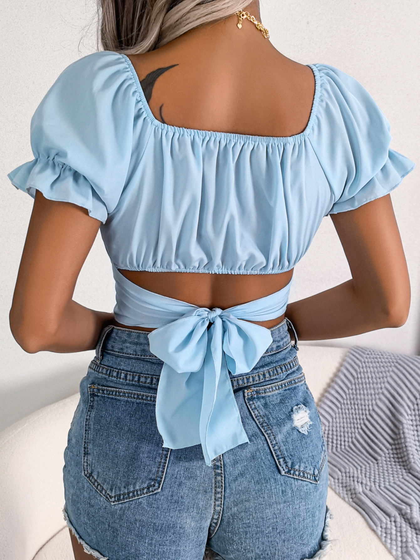 Women  Casual Short Sleeve Tie Waist Chiffon Crop Top