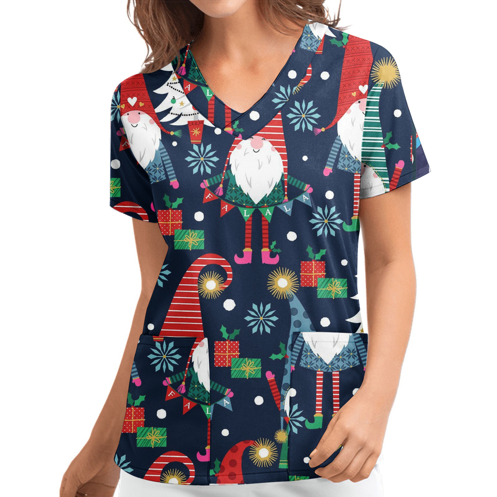 Title 12, Christmas Printed V-neck Short Sleeve Workwear ...