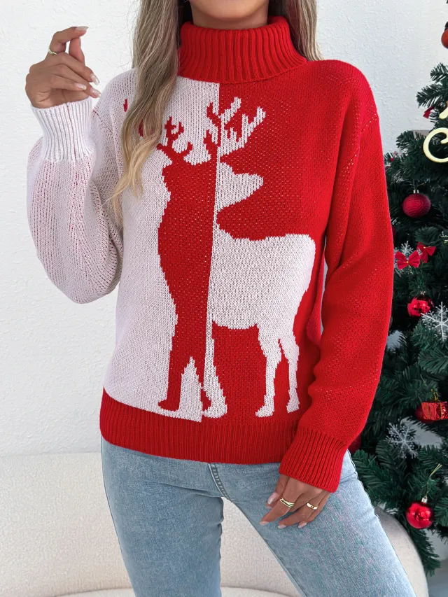 Color Block Deer Lantern Sleeve Turtleneck Pullover Sweater Red - Shop at LoveMi