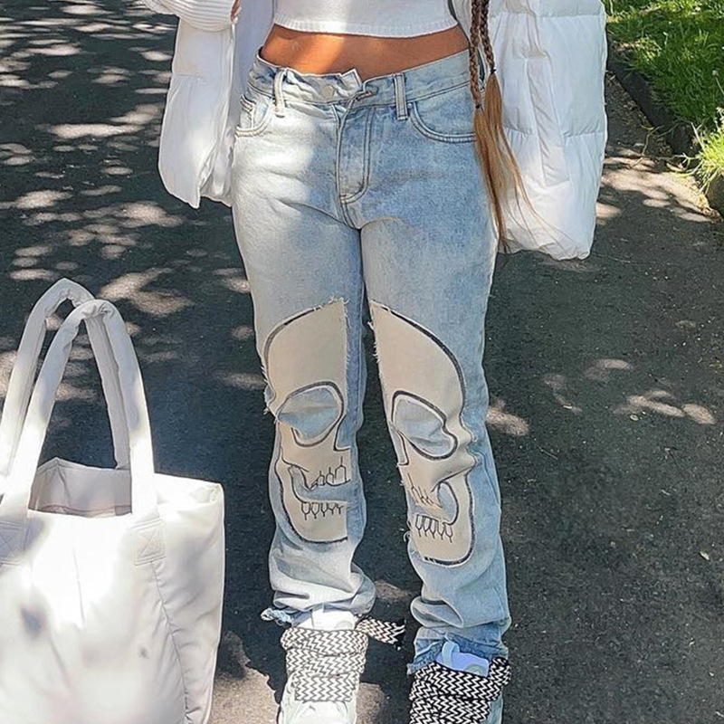 Women's High waisted Retro Skull Printed Jeans Blue - Shop at LoveMi