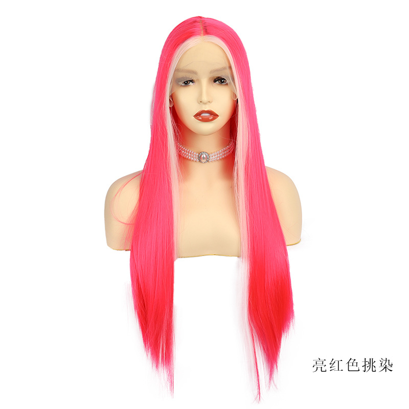 Ladies Front Lace Long Straight Chemical Fiber Wig Head Cover Bright Red Highlights - Shop at LoveMi
