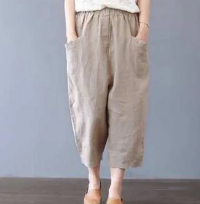 Large Size Loose High Waist Pocket Cotton And Linen Casual Pants Khaki - Shop at LoveMi