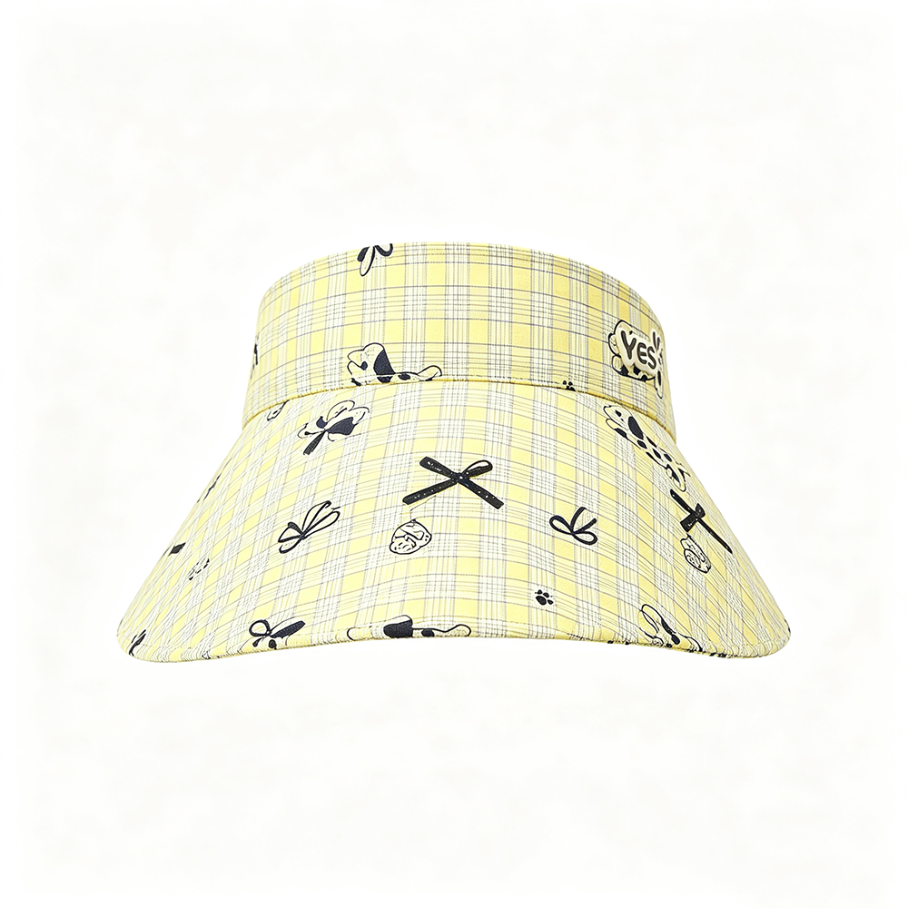 Yellow Checkered Polka Dot Puppy Print Sun Hat - Japanese Style, Sweet, Fresh, Cute, Casual, Sun-protective Hat
