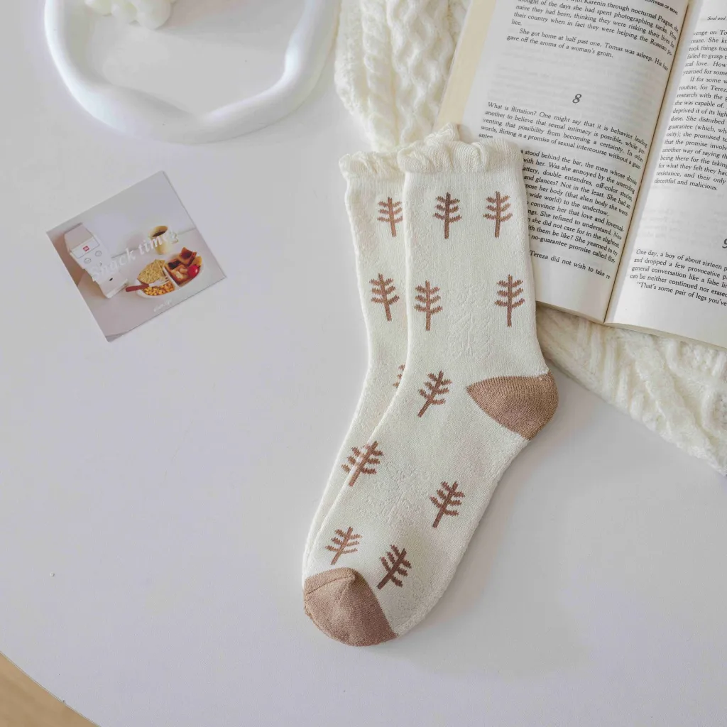 Socks Female Coffee Color System Wool Ring Plaid Towel Casual Thickened Warm Mid-tube Socks - Grass