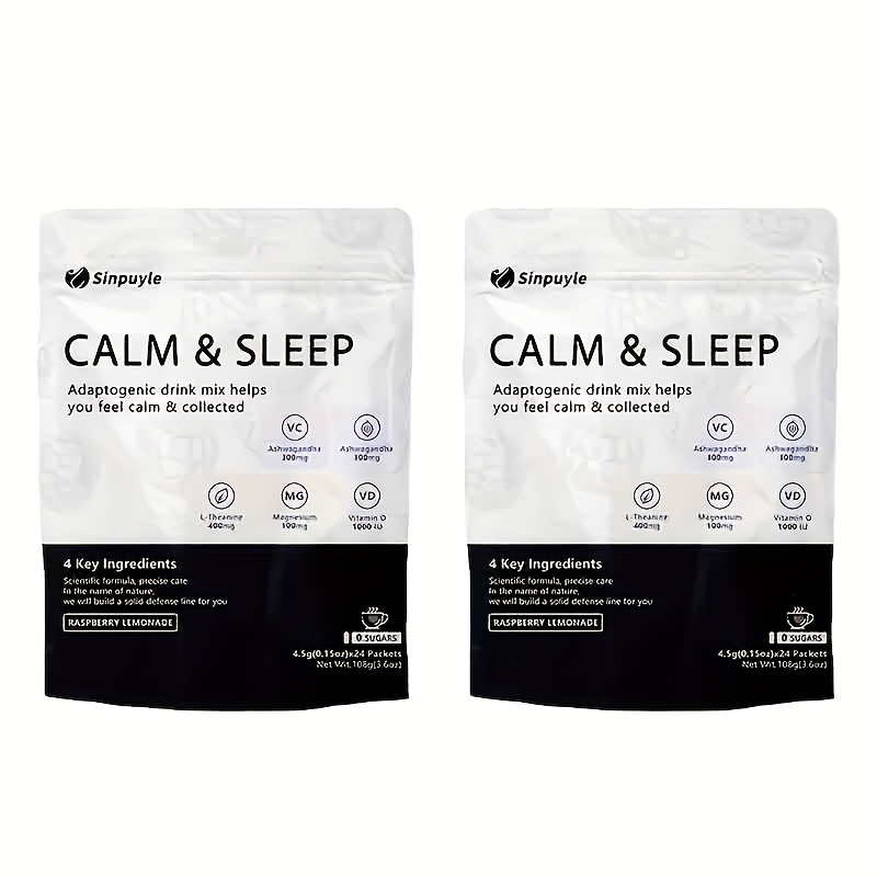 Calm & Sleep Adaptogenic Drink Mix - Raspberry Lemonade, 0 Sugars - L-Theanine, Ashwagandha & Magnesium For Relaxation & Rest, 24 Packets