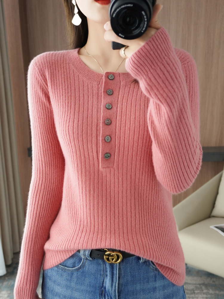 New Cashmere Sweater Women's Round Neck Long Sleeve Oversize Leather Pink - Shop at LoveMi