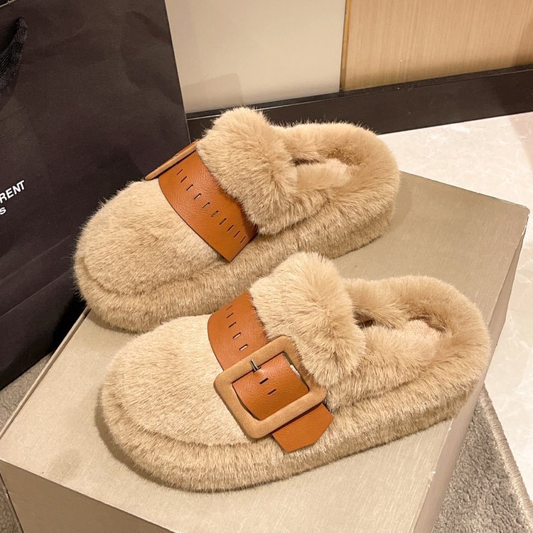 Women's Thick Bottom Plush Plush Slippers Outerwear Khaki - Shop at LoveMi