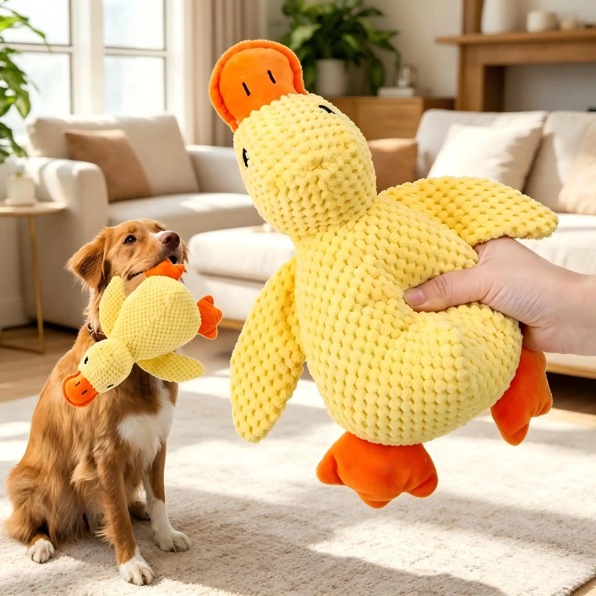 Yellow Plush Launching Duck Pet Toy, Squeaky