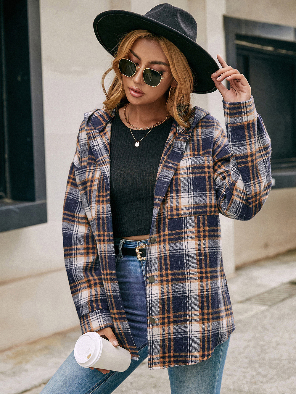 Loose Casual Long-sleeved Single-breasted Check Hooded Jacket