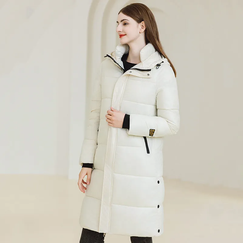 Winter Warm Hooded Coat With Pockets Fashion Simple Long Cotton Jacket Solid Colour Outwear Women's Clothing - White